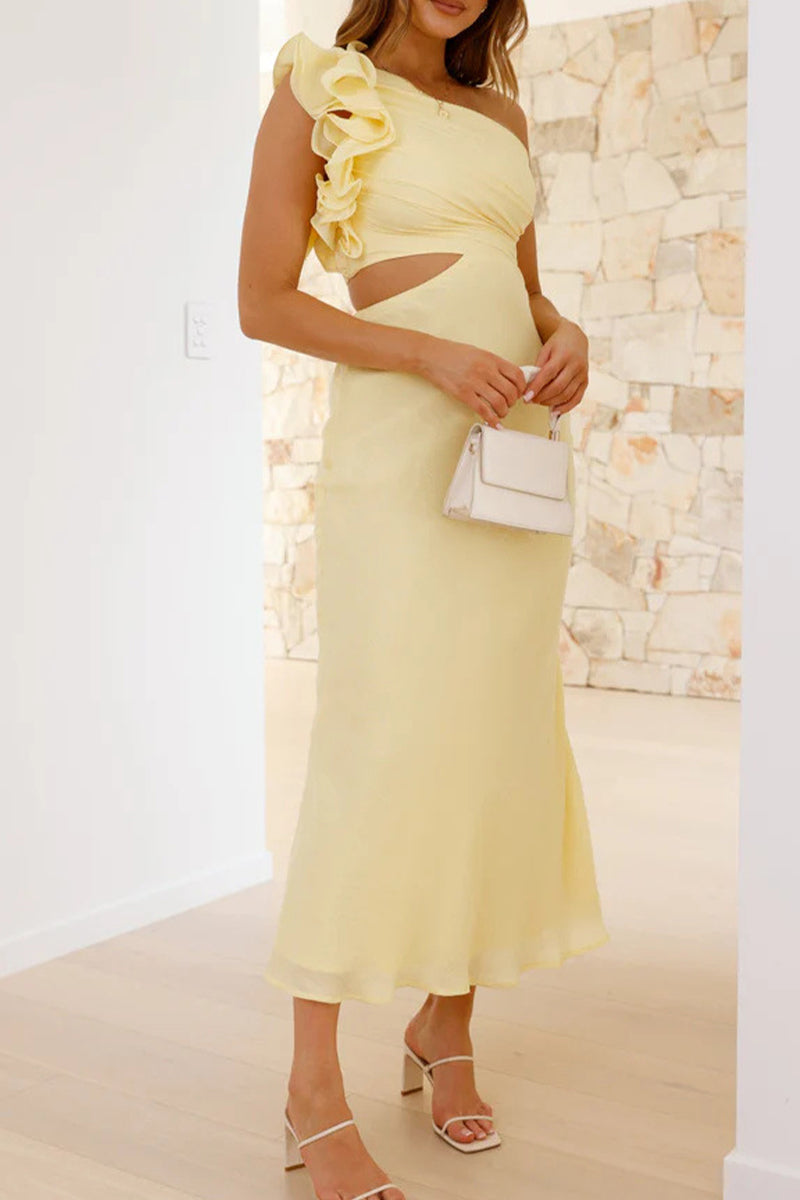Irregular Flower Shape Sloping Shoulder One Step Skirt Dresses6 Colors)