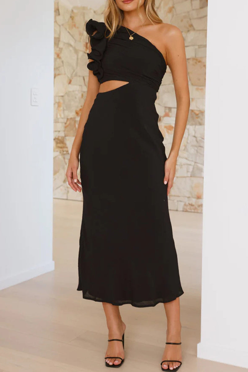 Irregular Flower Shape Sloping Shoulder One Step Skirt Dresses6 Colors)