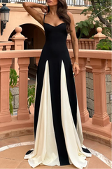 Colorblock Patchwork Backless Contrast V Neck Long Dresses