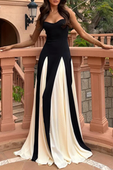Colorblock Patchwork Backless Contrast V Neck Long Dresses