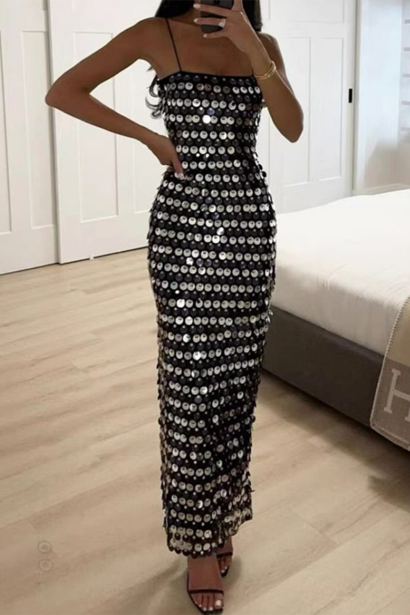 Sequins Patchwork Sequined Square Neck One Step Skirt Dresses