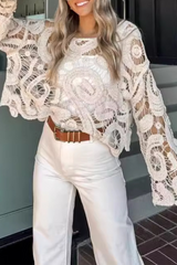 Solid Color Hollow Out O Neck Tops