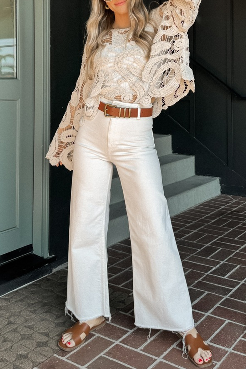 Solid Color Hollow Out O Neck Tops