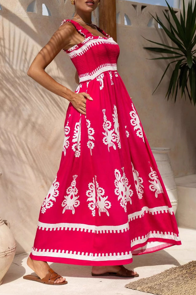 Vacation Geometric Print Pocket Stringy Selvedge Square Neck Long Dresses(3 Colors)