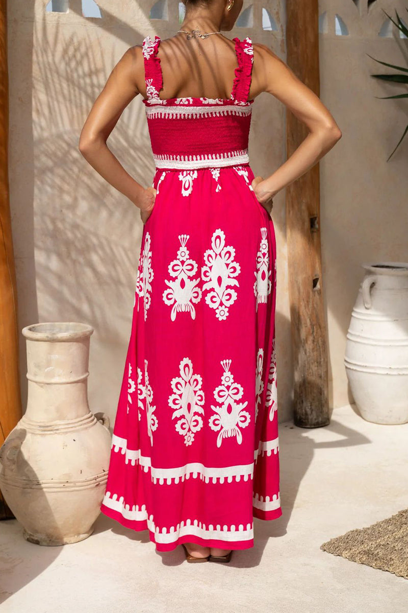 Vacation Geometric Print Pocket Stringy Selvedge Square Neck Long Dresses(3 Colors)