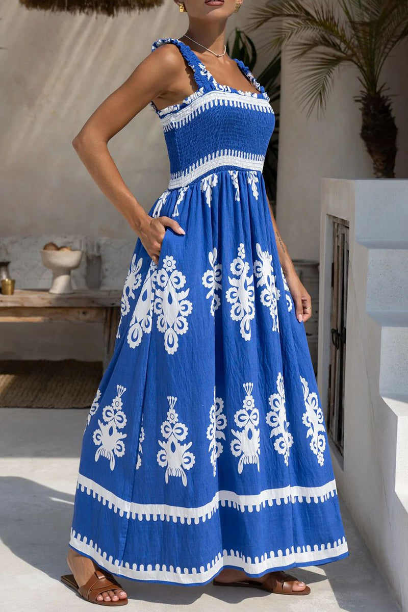 Vacation Geometric Print Pocket Stringy Selvedge Square Neck Long Dresses(3 Colors)