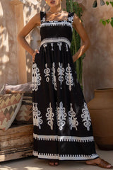 Vacation Geometric Print Pocket Stringy Selvedge Square Neck Long Dresses(3 Colors)