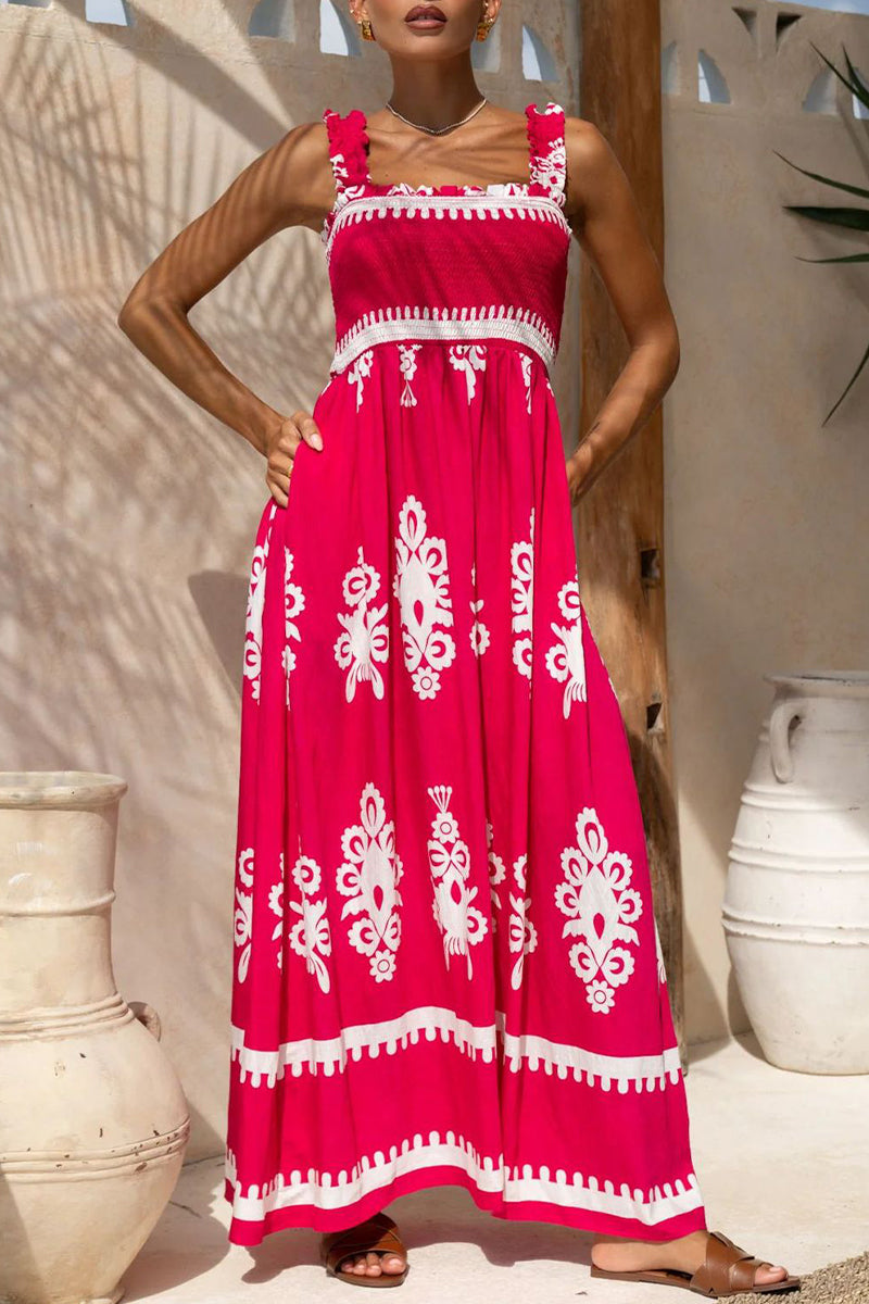 Vacation Geometric Print Pocket Stringy Selvedge Square Neck Long Dresses(3 Colors)