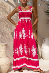 Vacation Geometric Print Pocket Stringy Selvedge Square Neck Long Dresses(3 Colors)