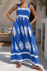 Vacation Geometric Print Pocket Stringy Selvedge Square Neck Long Dresses(3 Colors)