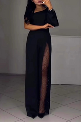 See-Through Mesh Sloping Shoulder Regular Jumpsuits
