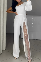 See-Through Mesh Sloping Shoulder Regular Jumpsuits