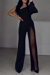 See-Through Mesh Sloping Shoulder Regular Jumpsuits