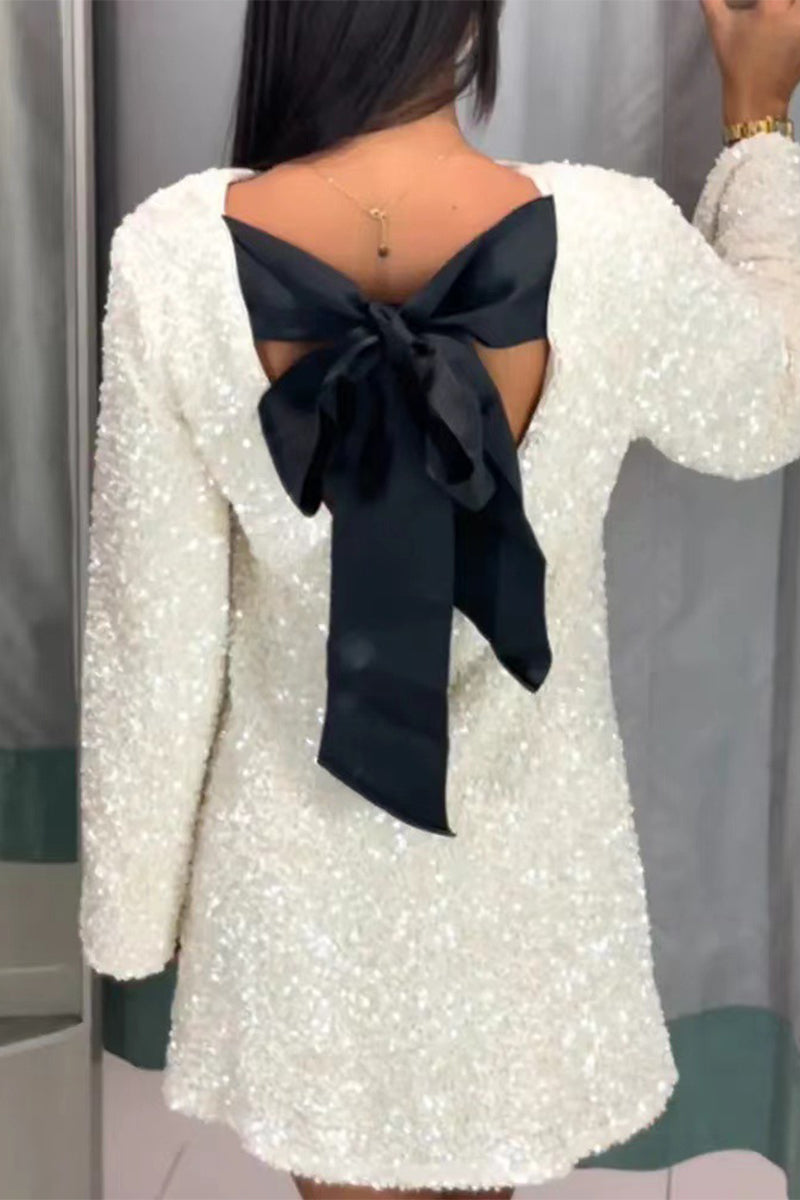 Sequins Lace Up Backless O Neck A Line Dresses(3 Colors)