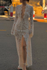 Lace See-Through Strap Design V Neck Lace Dress Dresses
