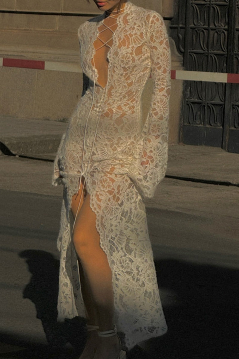 Lace See-Through Strap Design V Neck Lace Dress Dresses