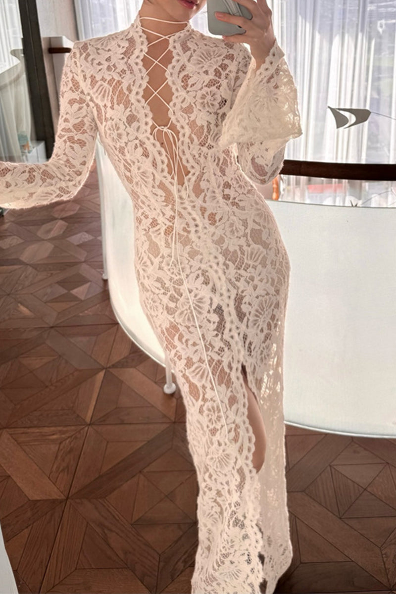 Lace See-Through Strap Design V Neck Lace Dress Dresses