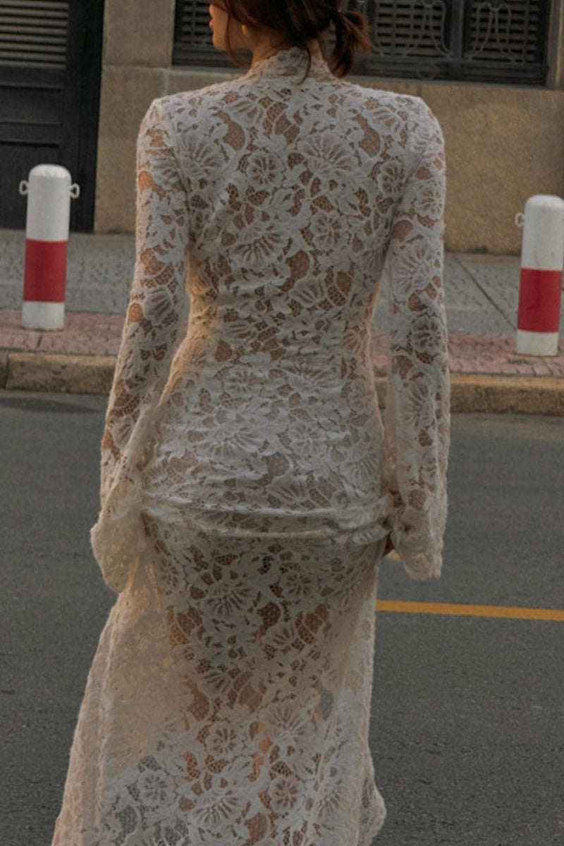 Lace See-Through Strap Design V Neck Lace Dress Dresses