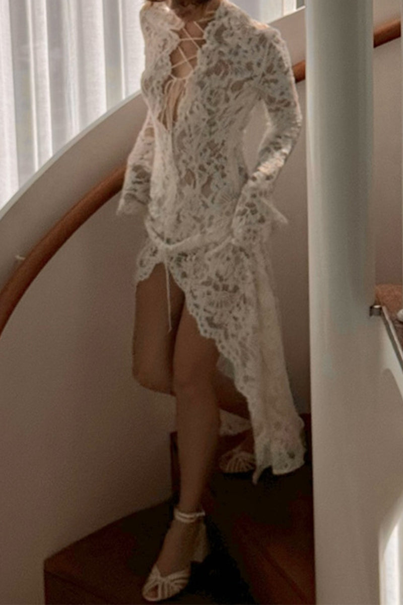Lace See-Through Strap Design V Neck Lace Dress Dresses