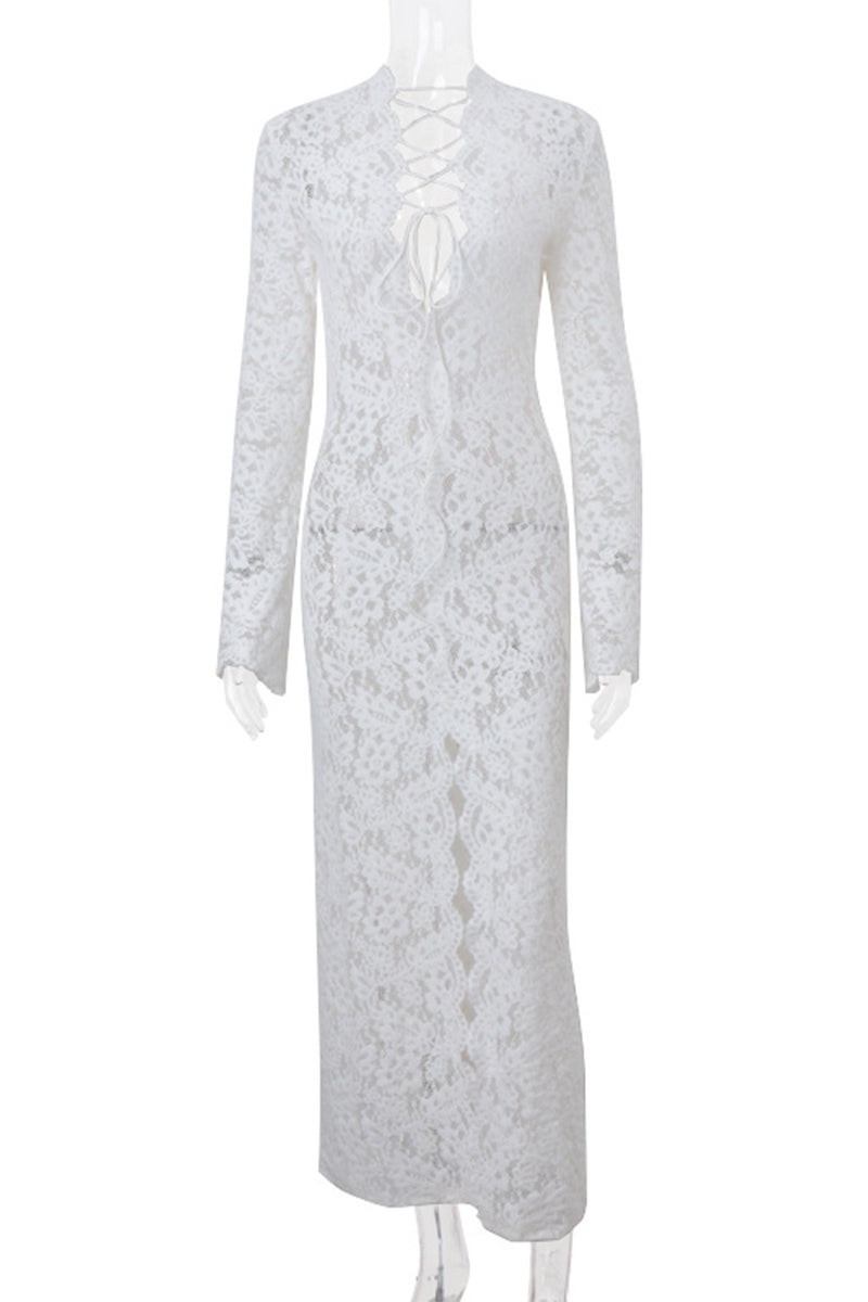 Lace See-Through Strap Design V Neck Lace Dress Dresses