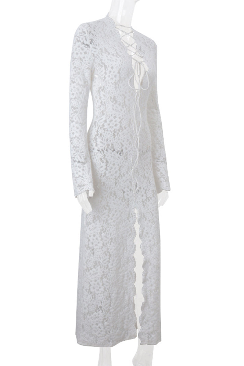 Lace See-Through Strap Design V Neck Lace Dress Dresses