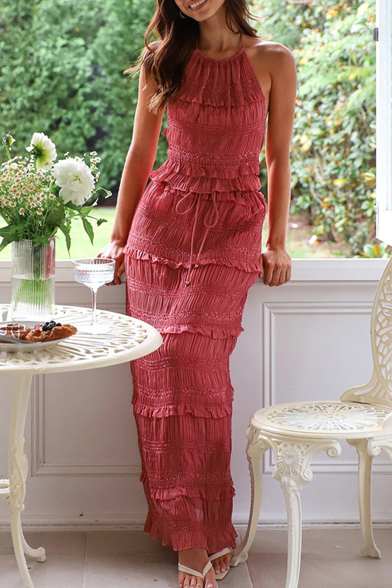 Lace Up Halter Sleeveless Two Pieces(4 Colors)
