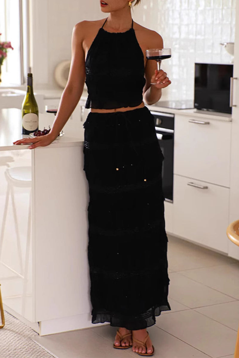 Lace Up Halter Sleeveless Two Pieces(4 Colors)
