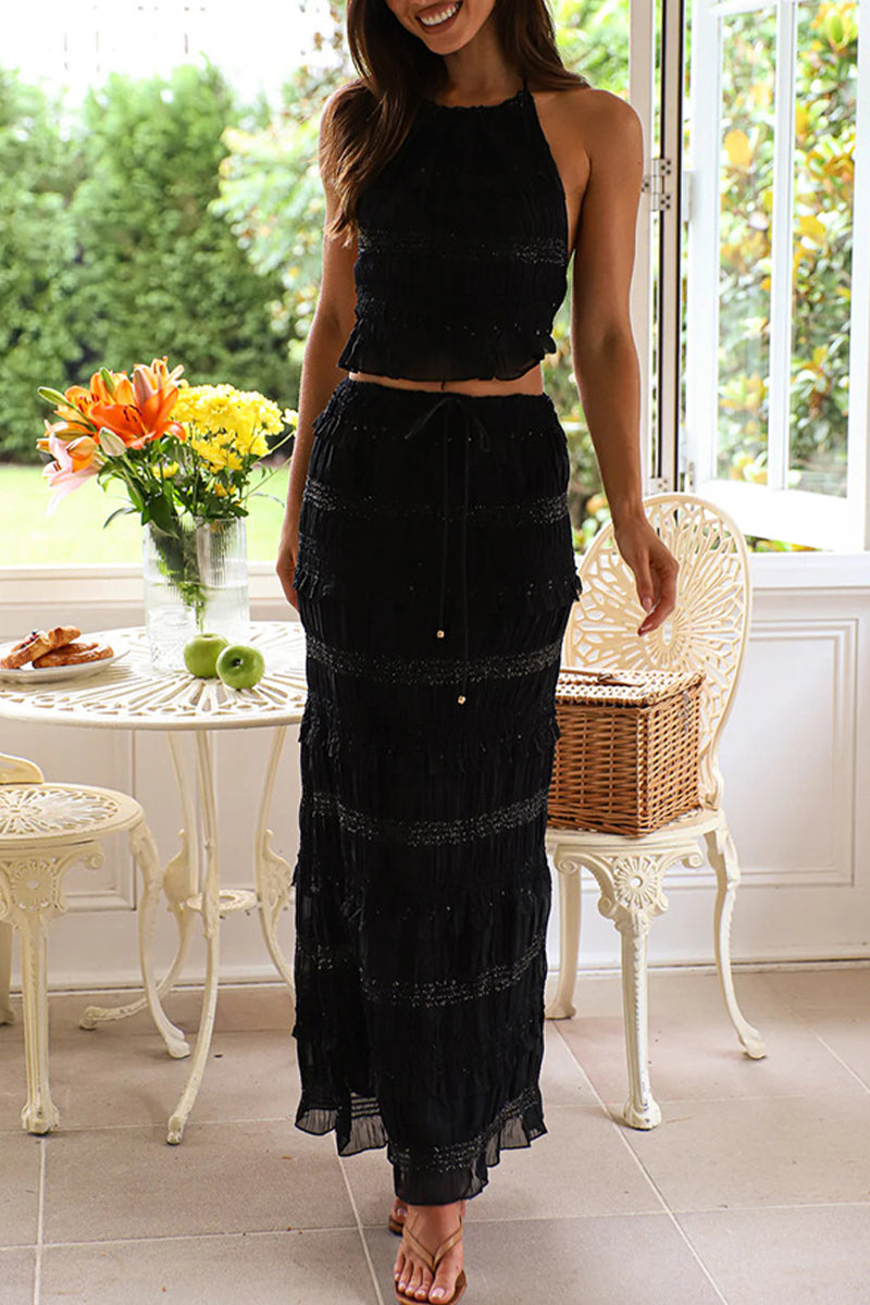 Lace Up Halter Sleeveless Two Pieces(4 Colors)