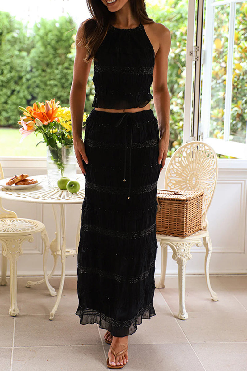 Lace Up Halter Sleeveless Two Pieces(4 Colors)