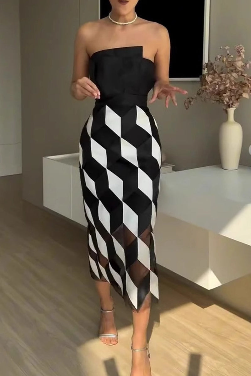 Plaid Patchwork Irregular Contrast Strapless Strapless Dresses