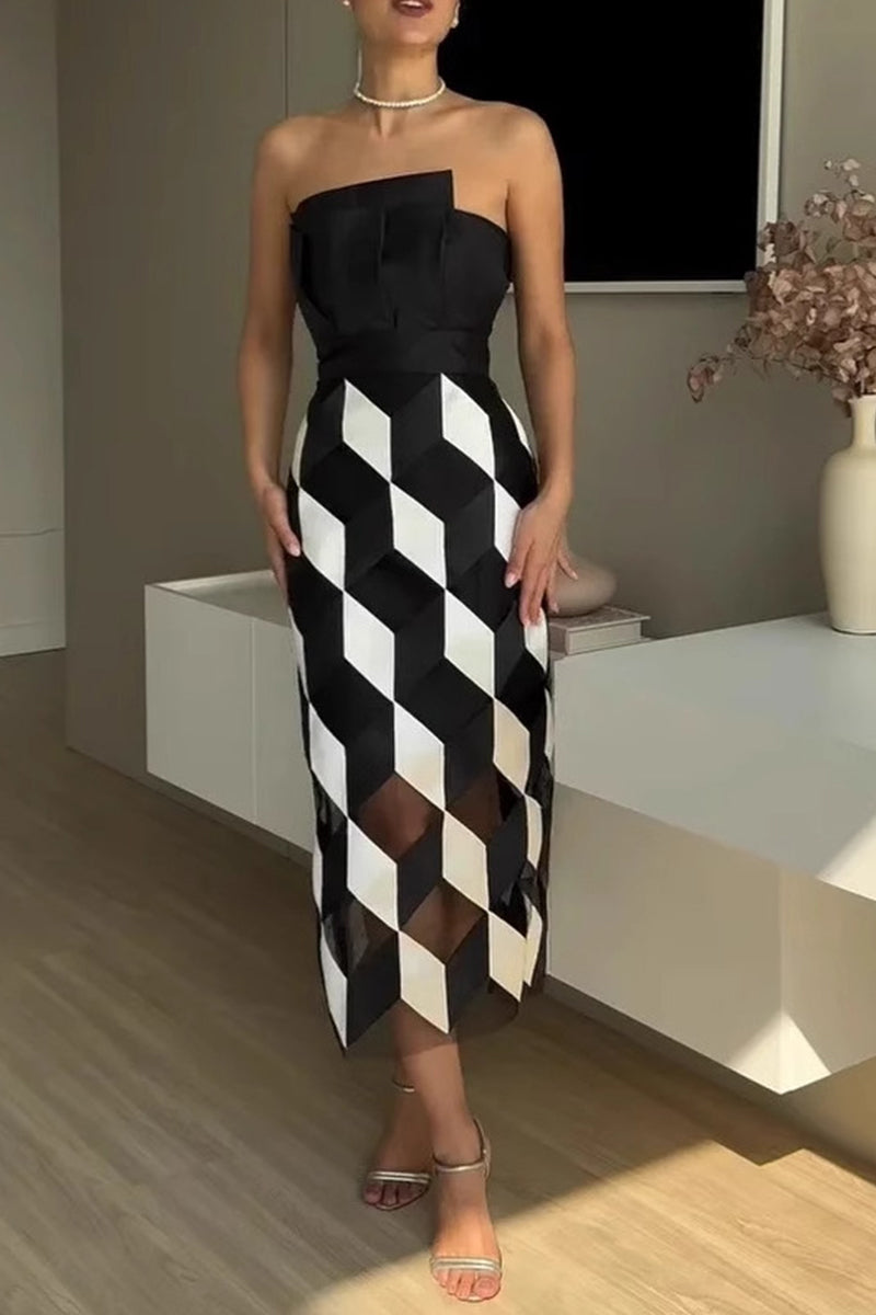 Plaid Patchwork Irregular Contrast Strapless Strapless Dresses