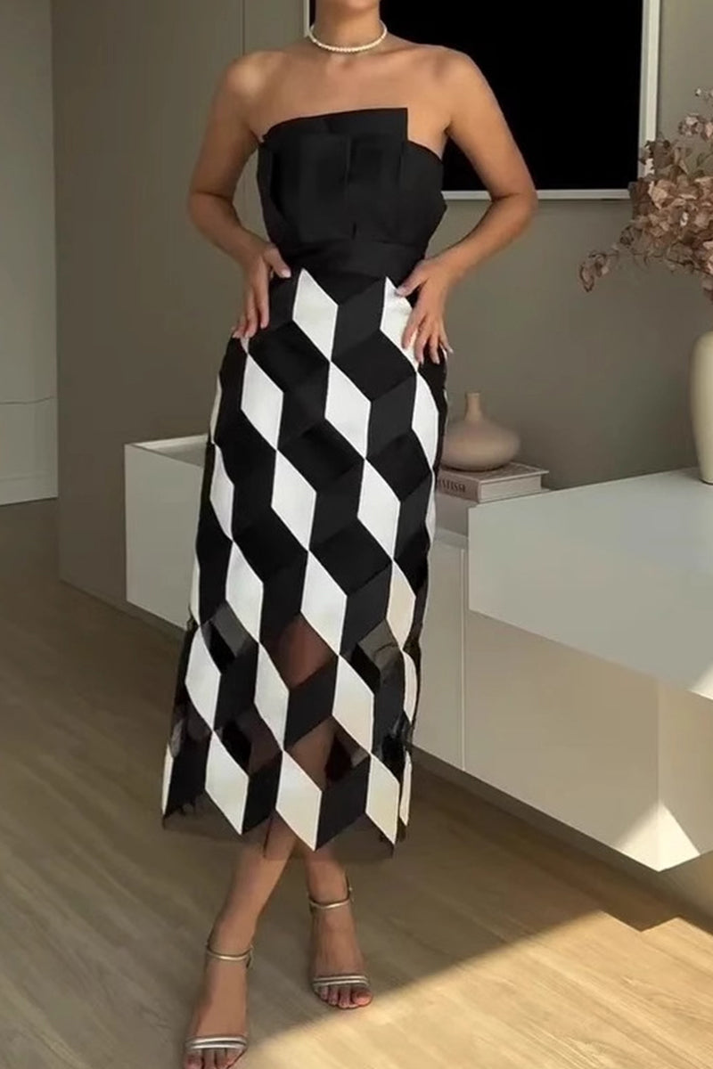 Plaid Patchwork Irregular Contrast Strapless Strapless Dresses