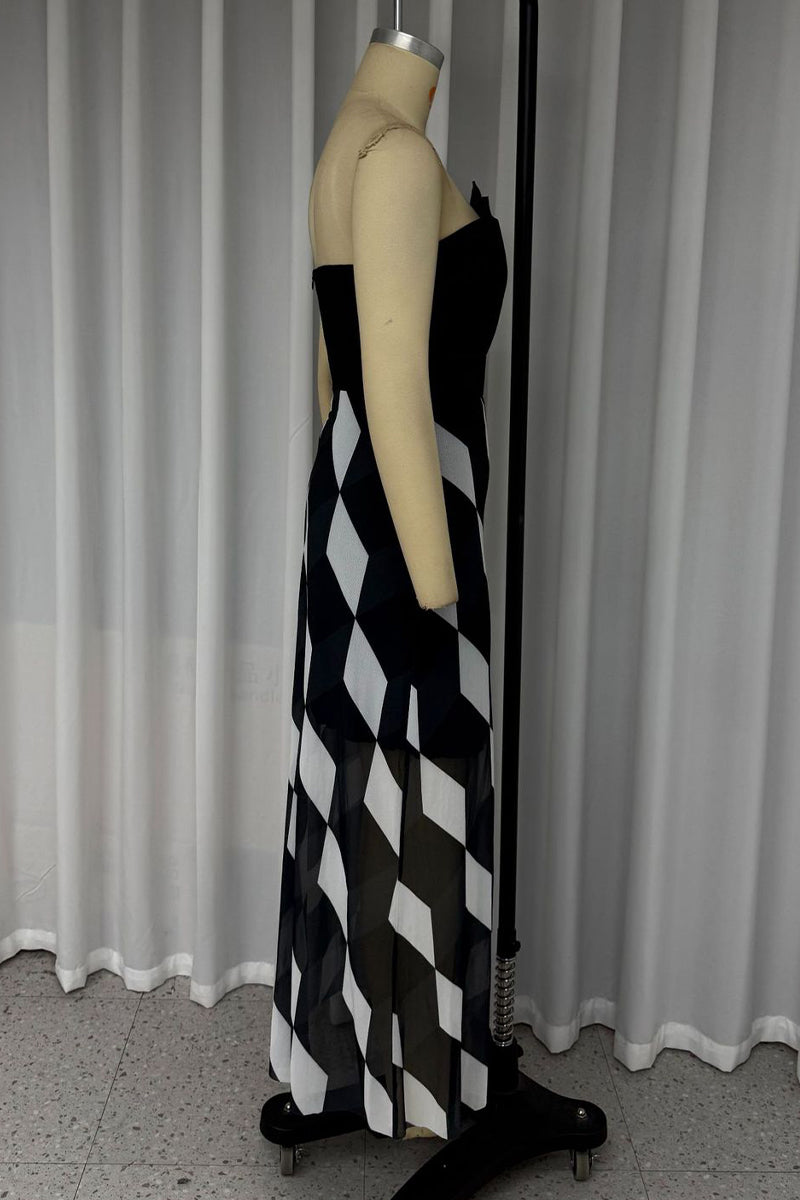Plaid Patchwork Irregular Contrast Strapless Strapless Dresses
