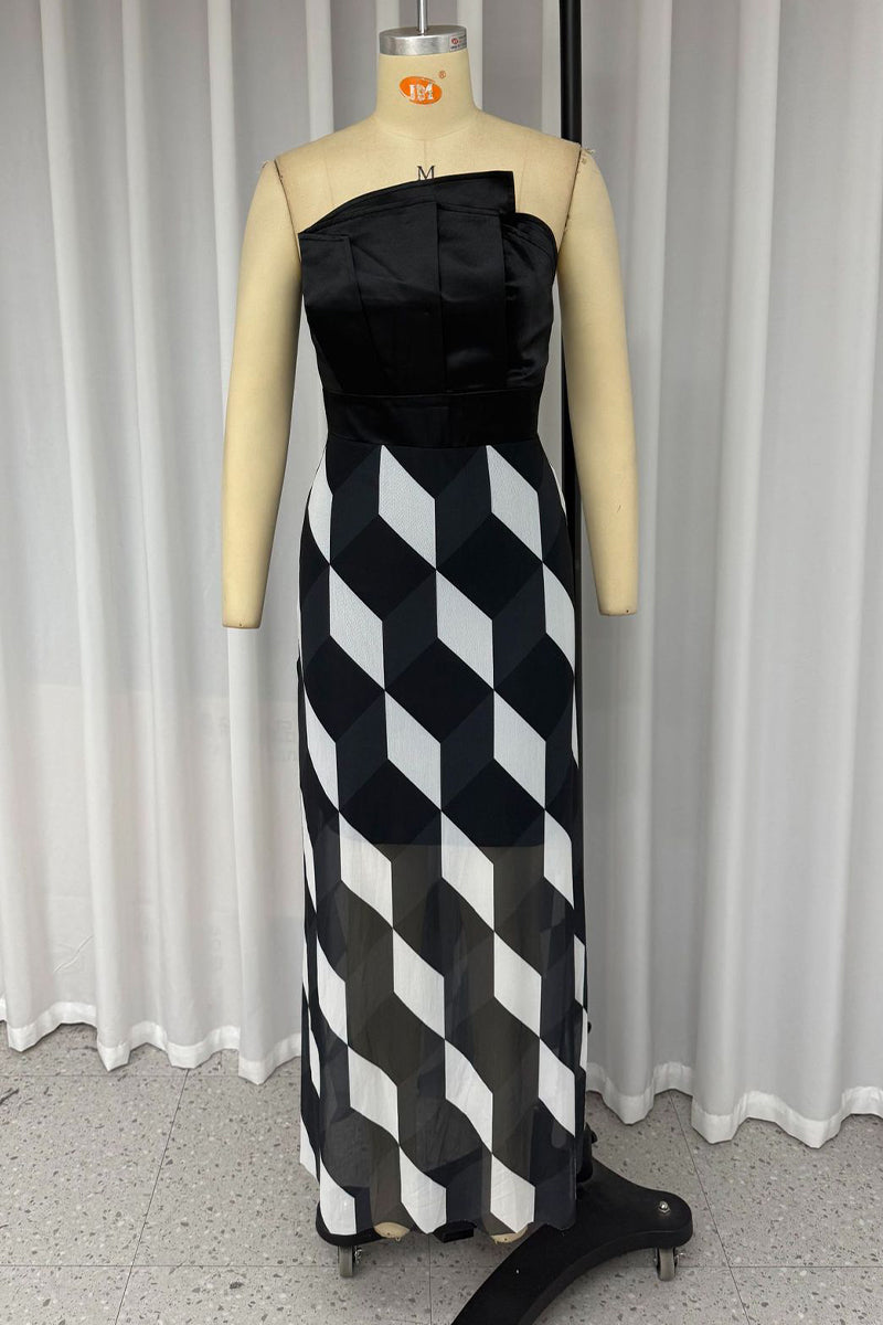 Plaid Patchwork Irregular Contrast Strapless Strapless Dresses