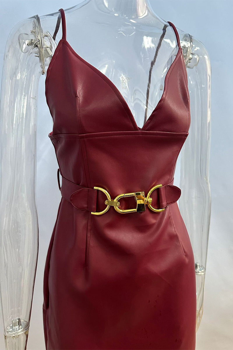 Patchwork Metal Accessories Trim V Neck Sling Dresses