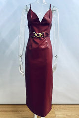 Patchwork Metal Accessories Trim V Neck Sling Dresses