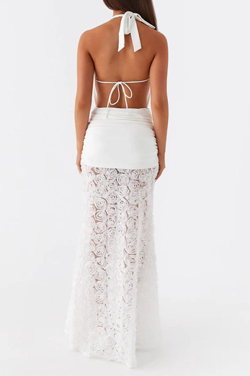 Flowers Lace Up Backless Halter Long Dresses