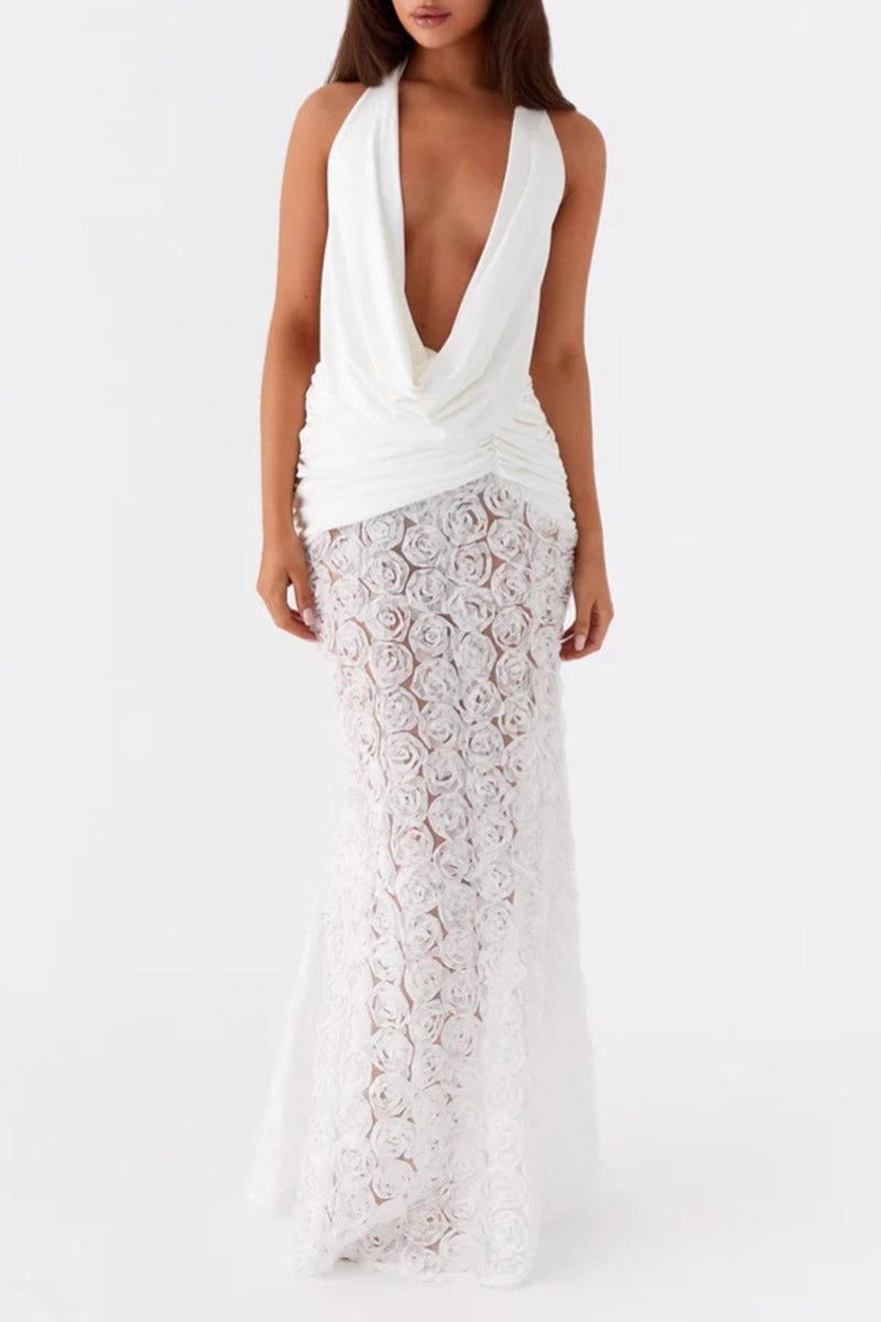 Flowers Lace Up Backless Halter Long Dresses