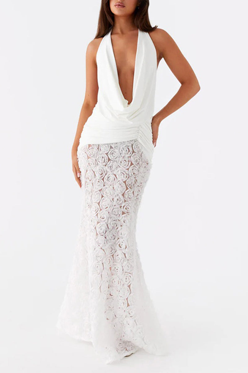 Flowers Lace Up Backless Halter Long Dresses