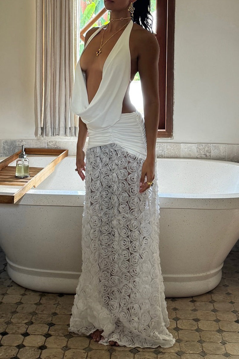 Flowers Lace Up Backless Halter Long Dresses