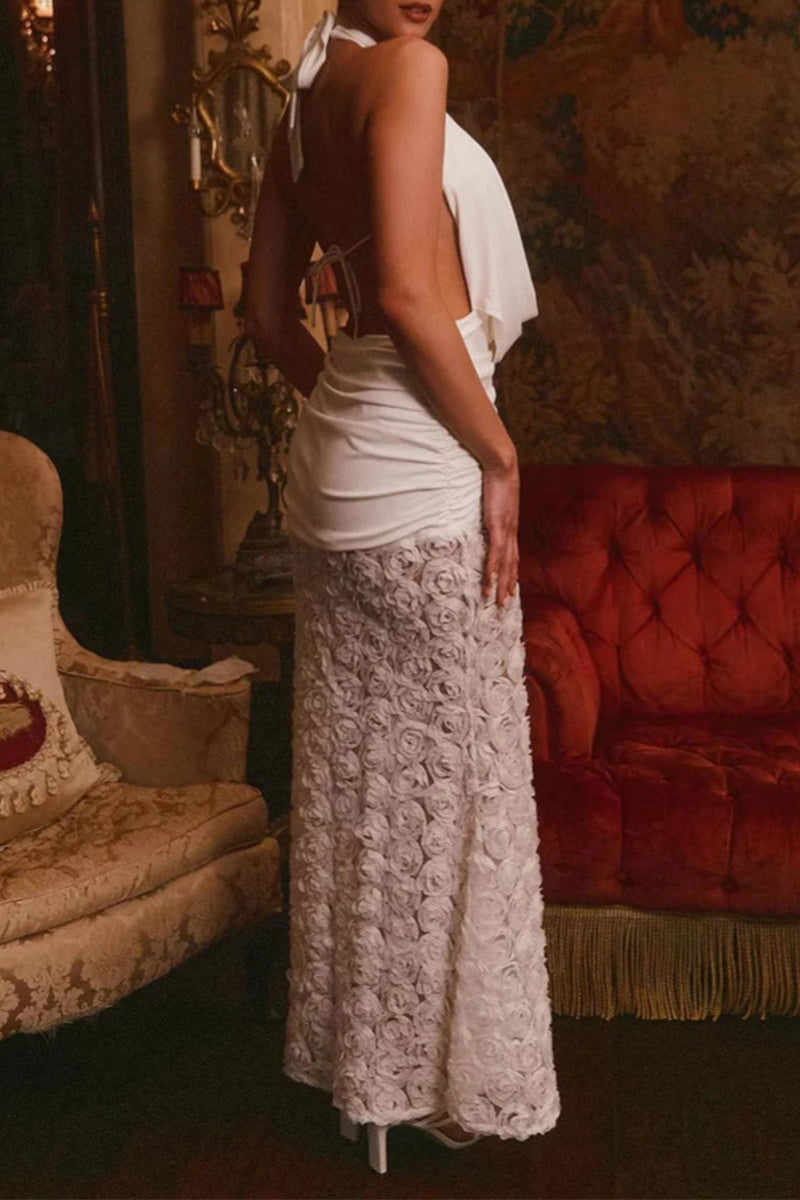 Flowers Lace Up Backless Halter Long Dresses
