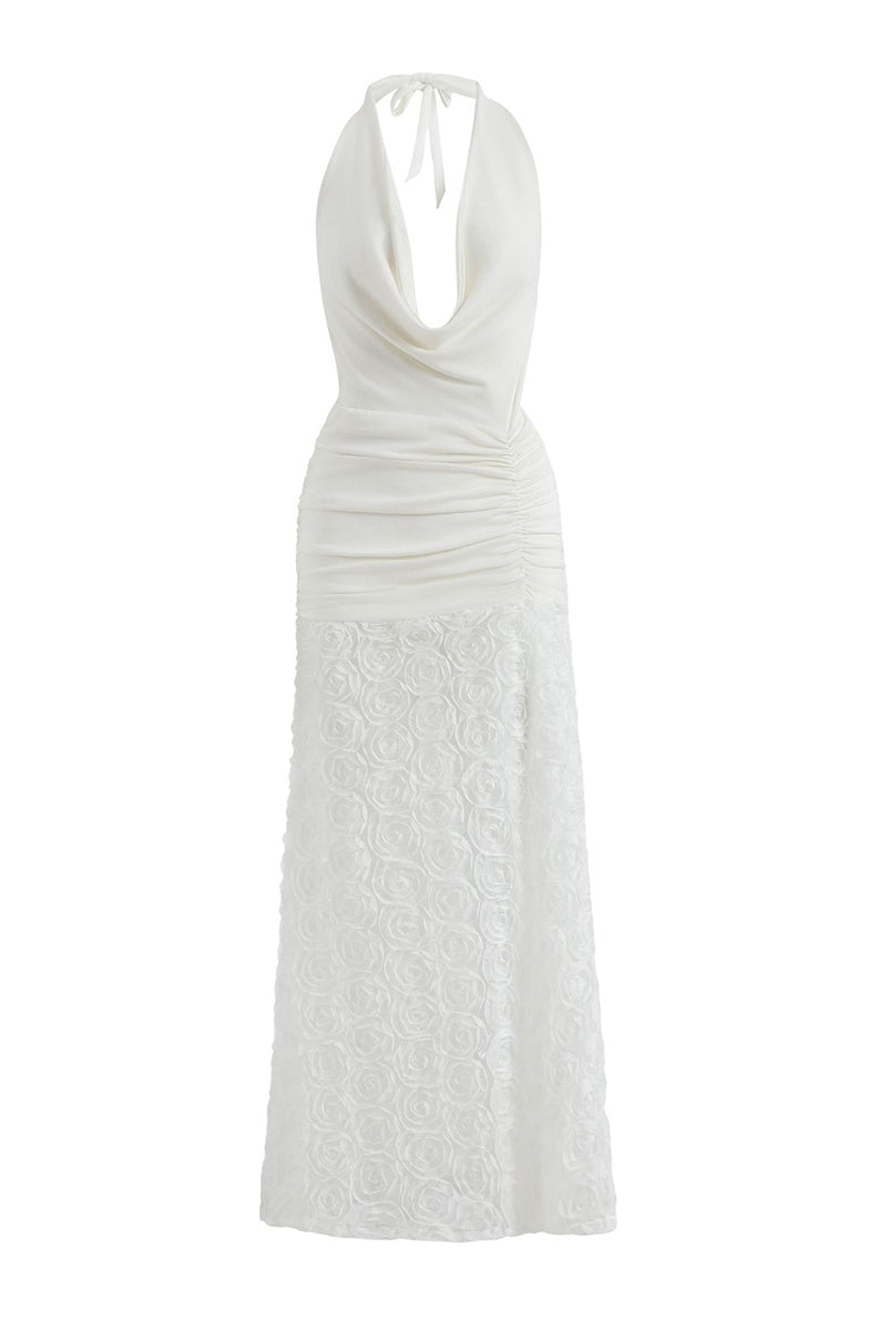 Flowers Lace Up Backless Halter Long Dresses