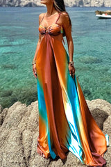 Gradient Print Lace Up Contrast V Neck Long Dresses