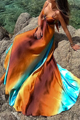 Gradient Print Lace Up Contrast V Neck Long Dresses