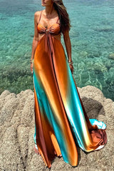 Gradient Print Lace Up Contrast V Neck Long Dresses