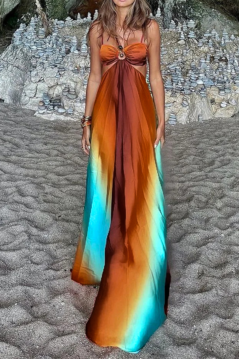 Gradient Print Lace Up Contrast V Neck Long Dresses