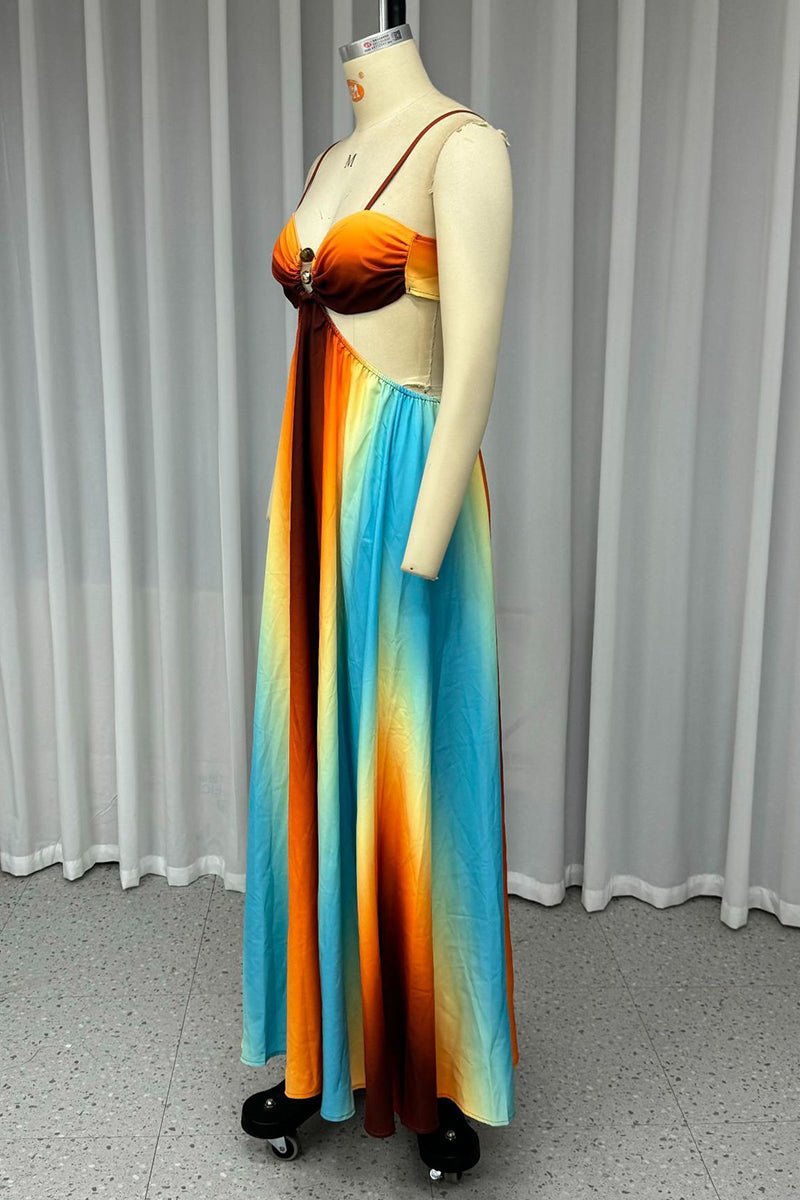 Gradient Print Lace Up Contrast V Neck Long Dresses