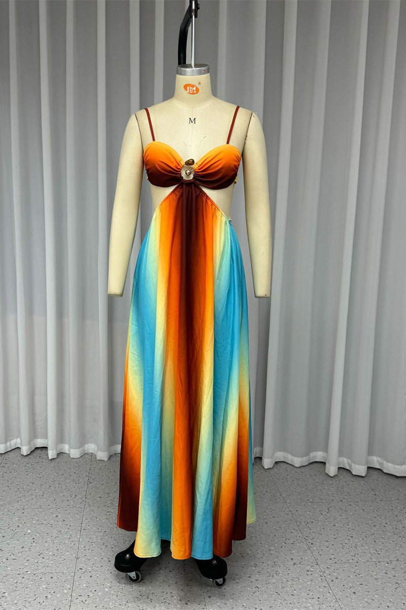Gradient Print Lace Up Contrast V Neck Long Dresses
