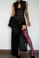 Lace Hollow Out Slit O Neck One Step Skirt Dresses