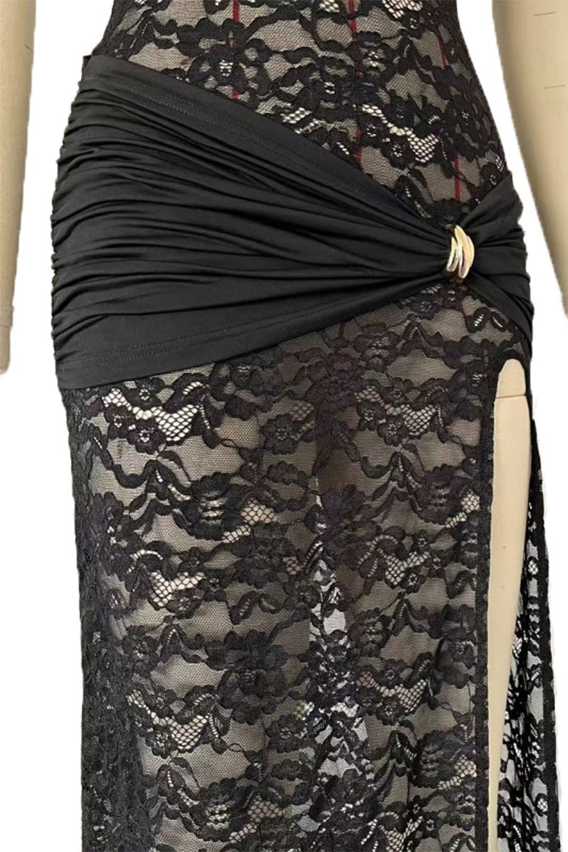 Lace Hollow Out Slit O Neck One Step Skirt Dresses